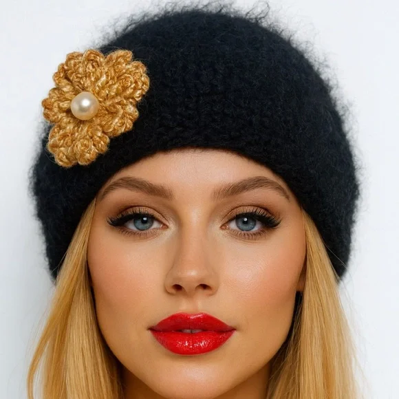 Hand Knits 2 Love Winter Hat Beanie Mohair Look Flower Pearls Designer Fashion - Picture 2 of 11